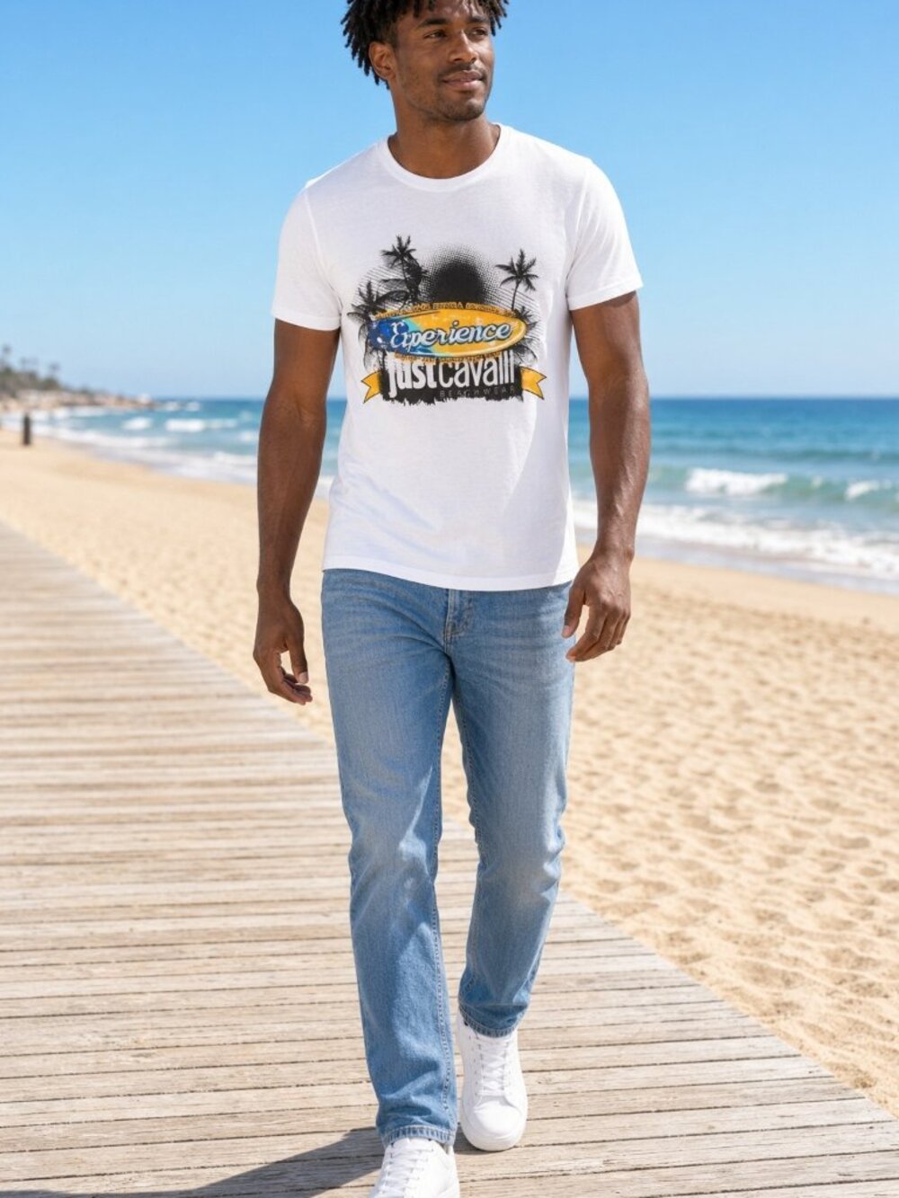 New Just Cavalli Men White Crewneck T-Shirt Cotton Tee Beach Sport Top US XS